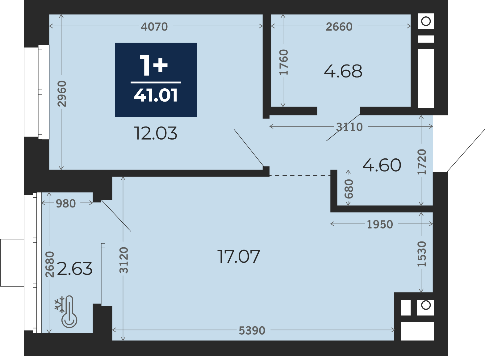 Квартира № 483, 1-комнатная, 41.01 кв. м, 15 этаж
