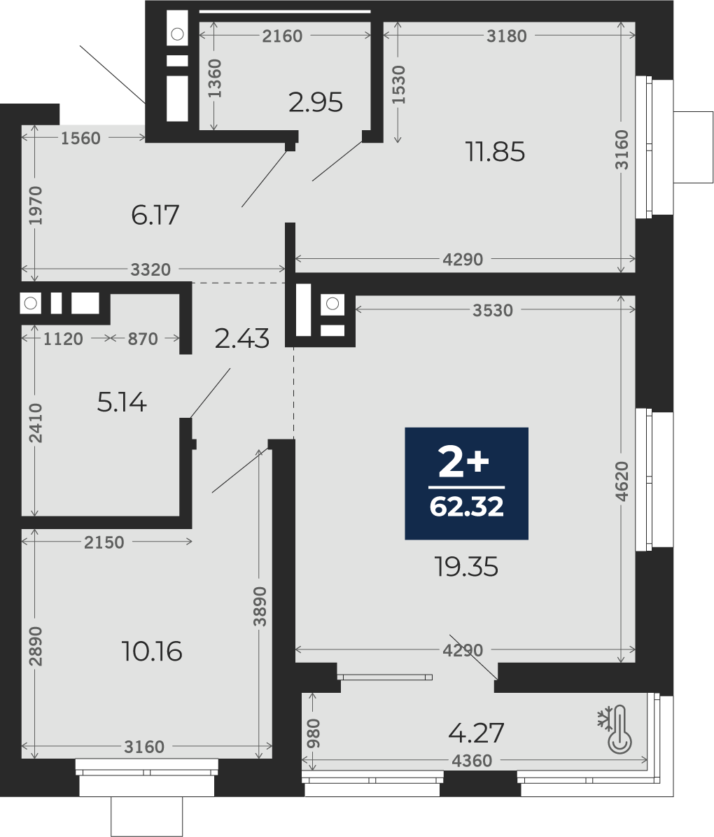 Квартира № 582, 2-комнатная, 62.32 кв. м, 3 этаж