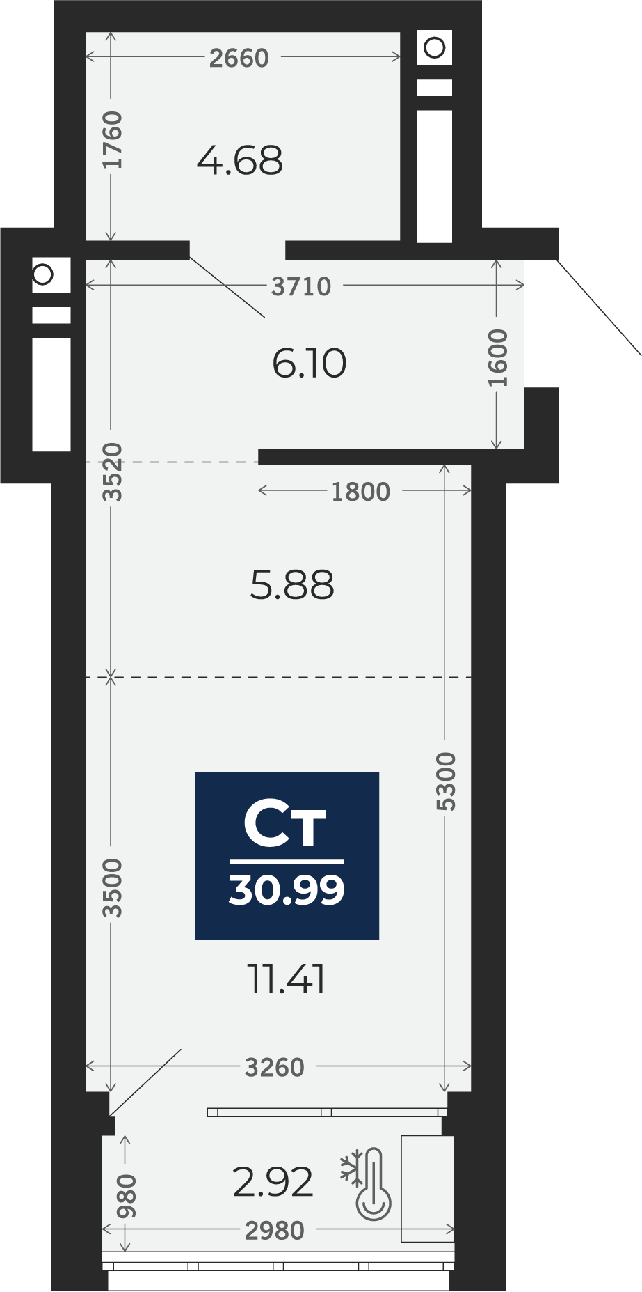 Квартира № 338, Студия, 30.99 кв. м, 2 этаж