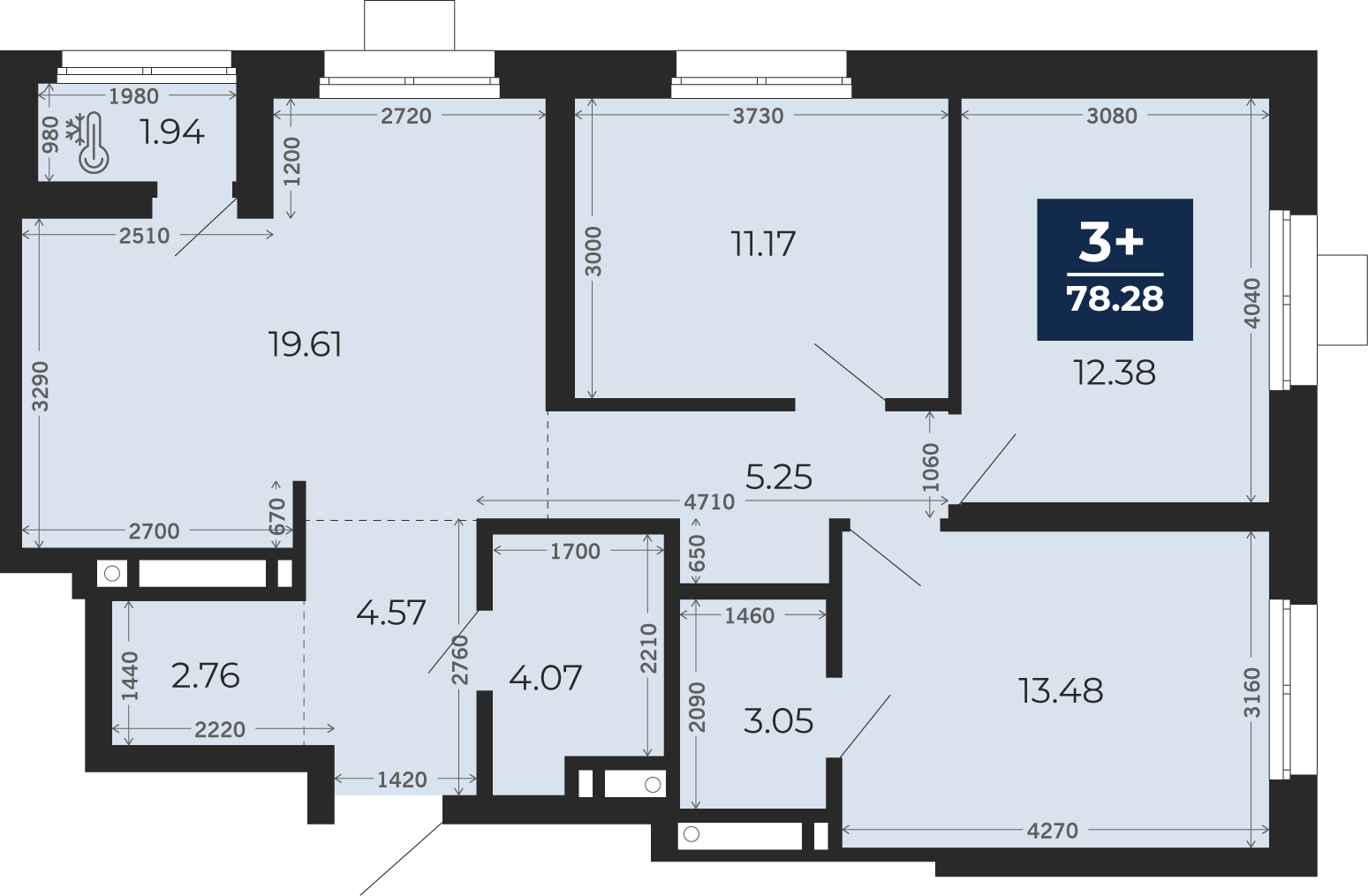 Квартира № 581, 3-комнатная, 78.28 кв. м, 3 этаж