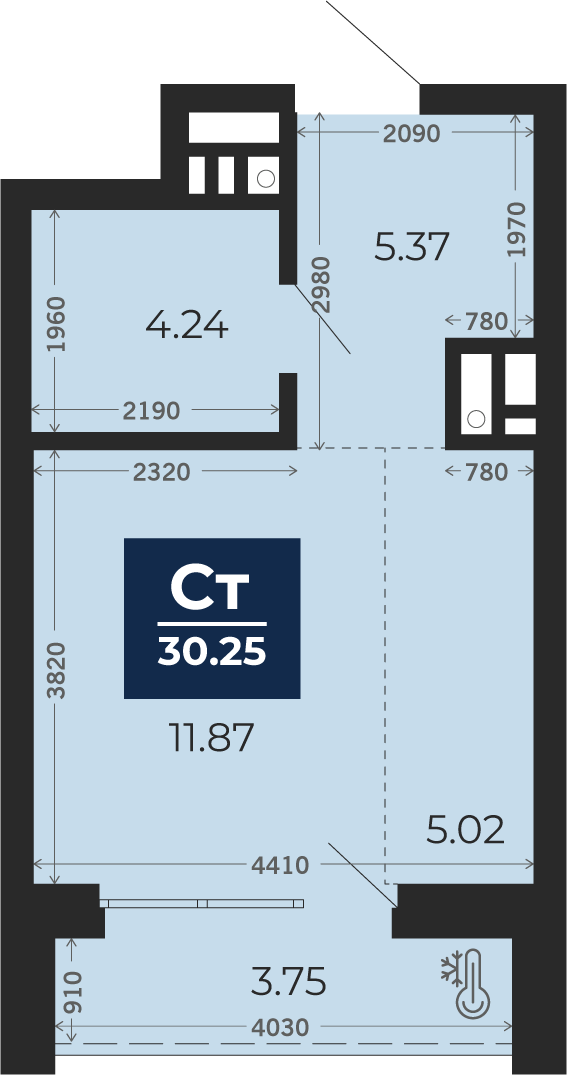 Квартира № 595, Студия, 30.25 кв. м, 5 этаж