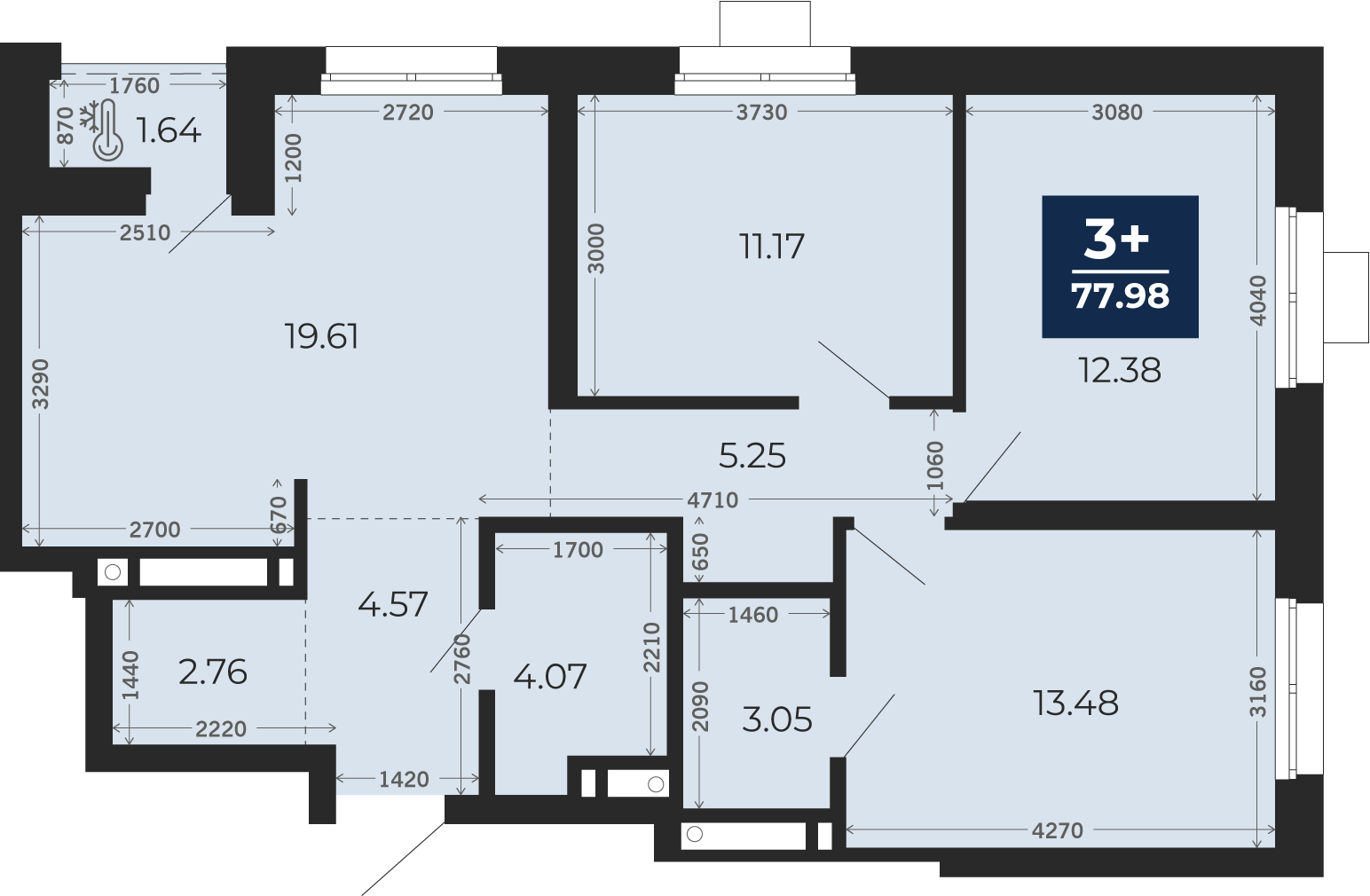 Квартира № 599, 3-комнатная, 77.98 кв. м, 6 этаж