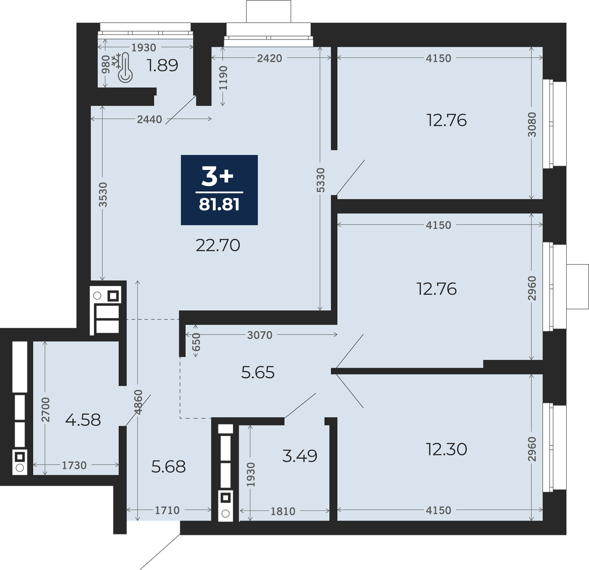 Квартира № 61, 3-комнатная, 81.81 кв. м, 7 этаж