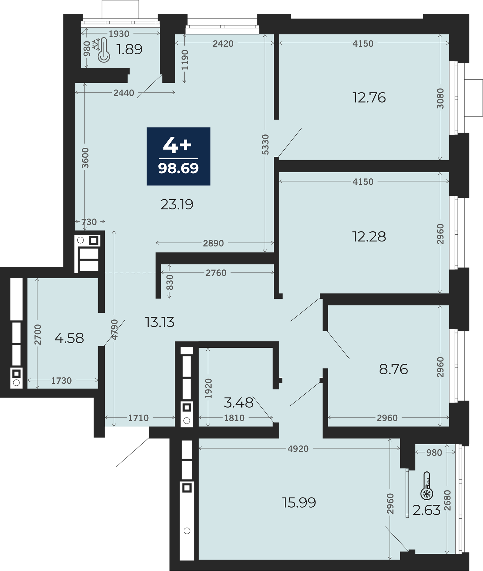 Квартира № 283, 4-комнатная, 98.69 кв. м, 26 этаж