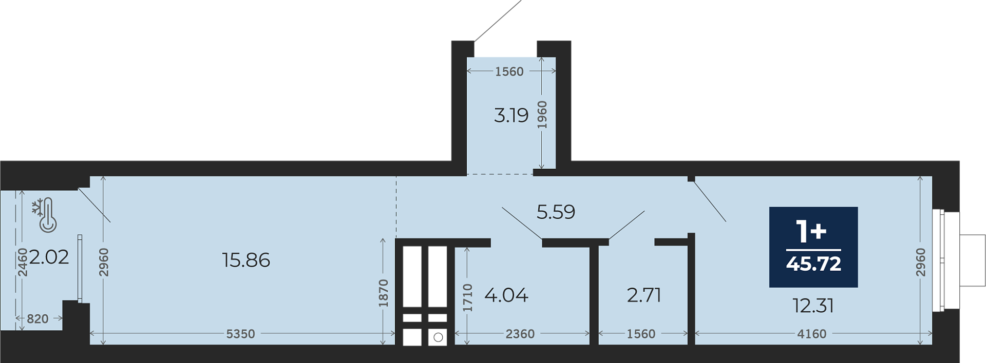 Квартира № 887, 1-комнатная, 45.72 кв. м, 5 этаж