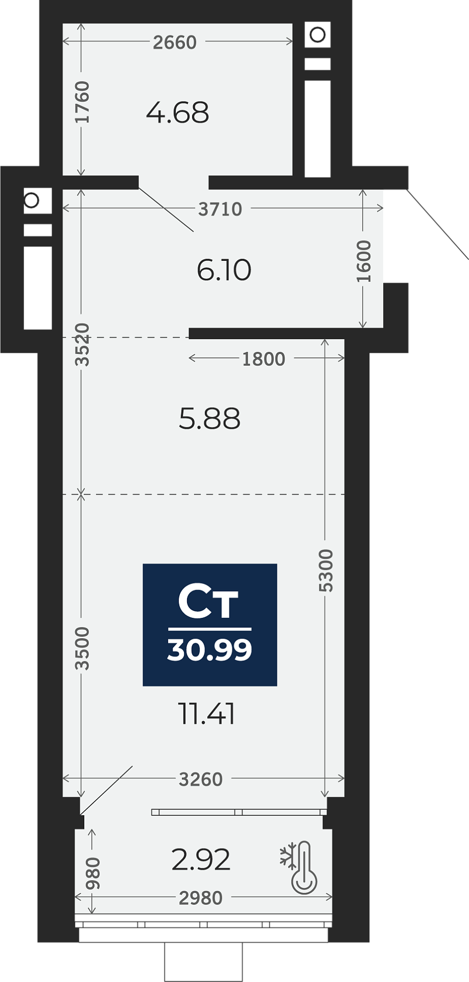 Квартира № 547, Студия, 30.99 кв. м, 21 этаж